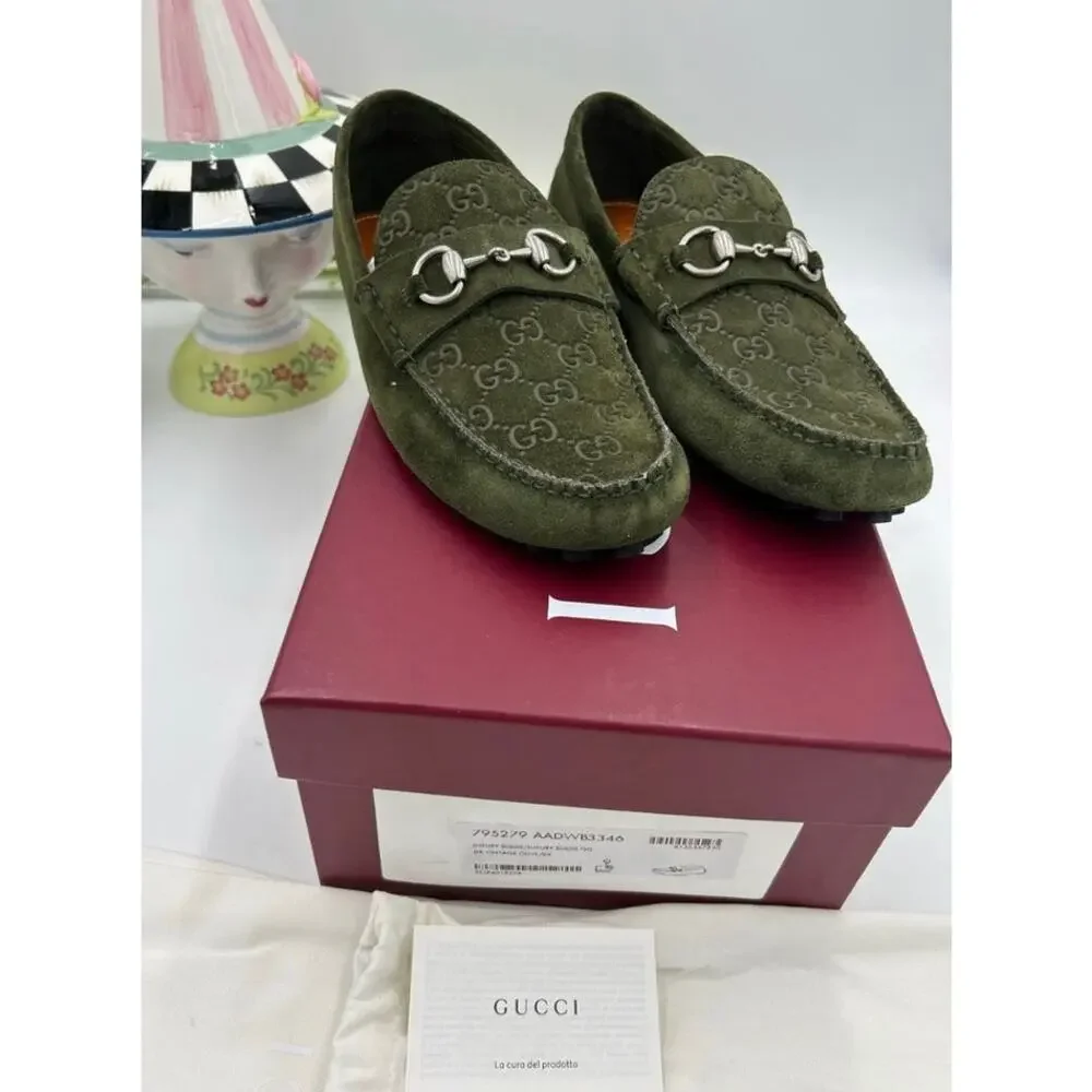Men's Gucci GG embossed suede driver loafers size 9 fits 9.5 US made in Italy